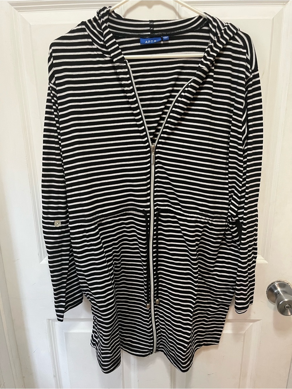 Apt. 9 Black and White Striped Hooded swim coverup.